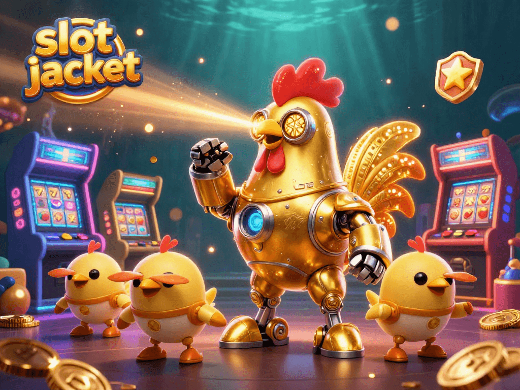 Engage with slot jackpot scenery with a 3D cartoon rooster robot, arcade machines, and vibrant game elements.