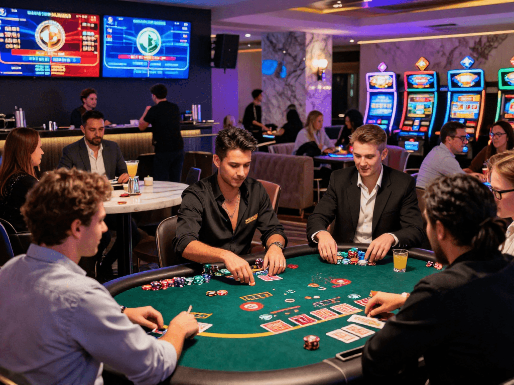 Players engaging at a crypto casino with colorful lights and gaming tables.