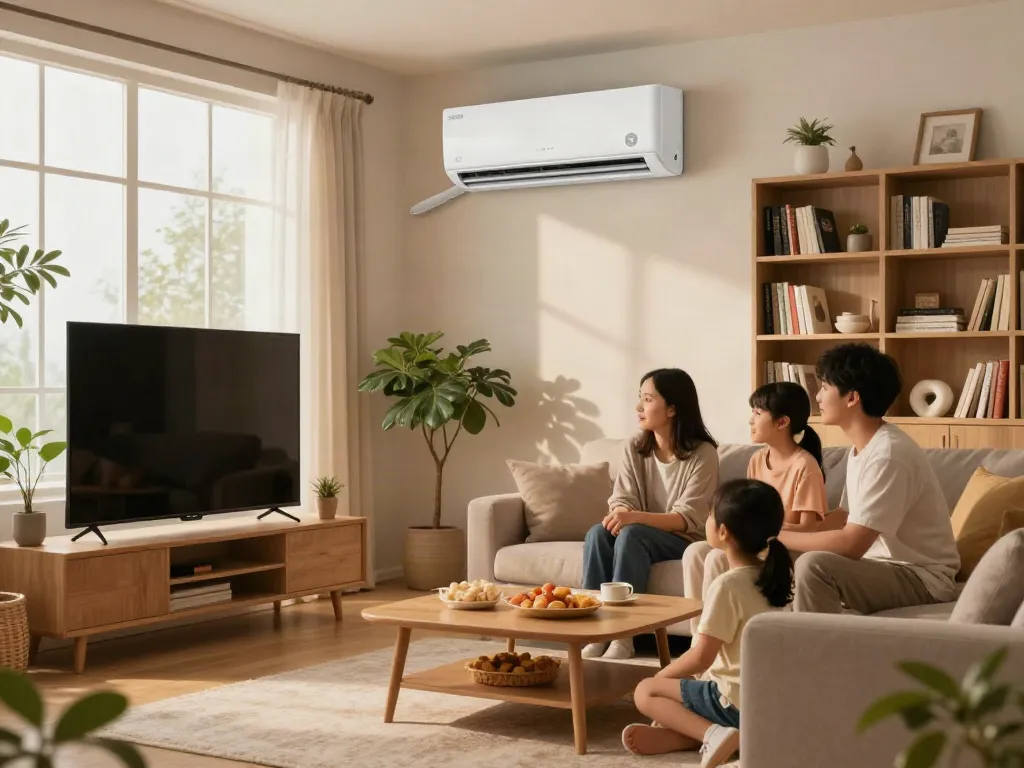 Enjoy the comfort of a mini split air conditioner in a modern living room during family movie night.