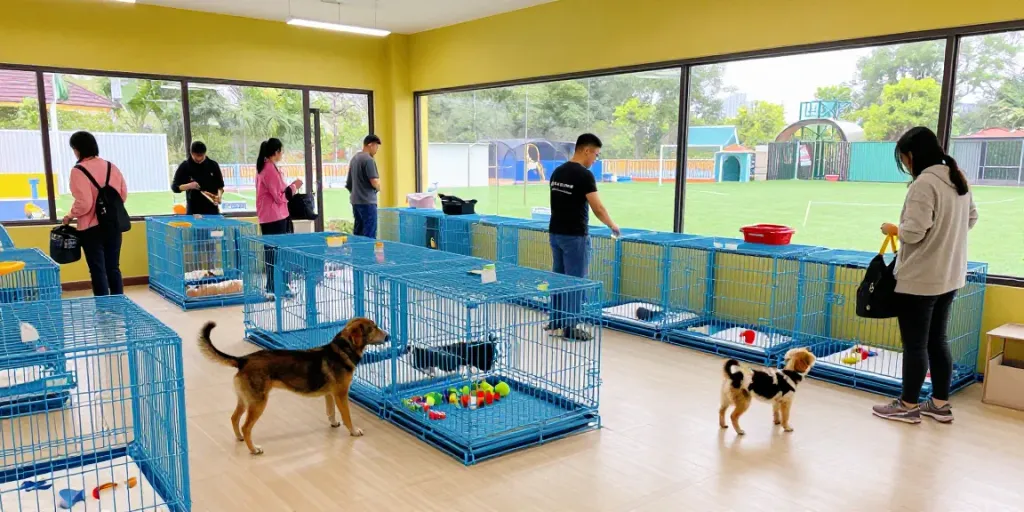Pet Boarding Cages in a lively facility with happy pets and caring staff.