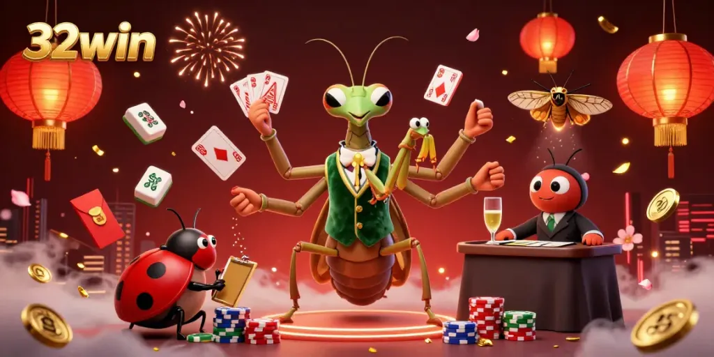 Experience the excitement at 32win with our animated casino scene filled with vibrant characters and lucky symbols.