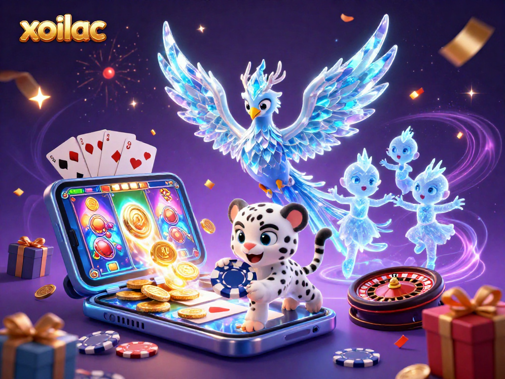 Win with xoilac: Engage in vibrant casino thrills with an ice phoenix and lively characters.